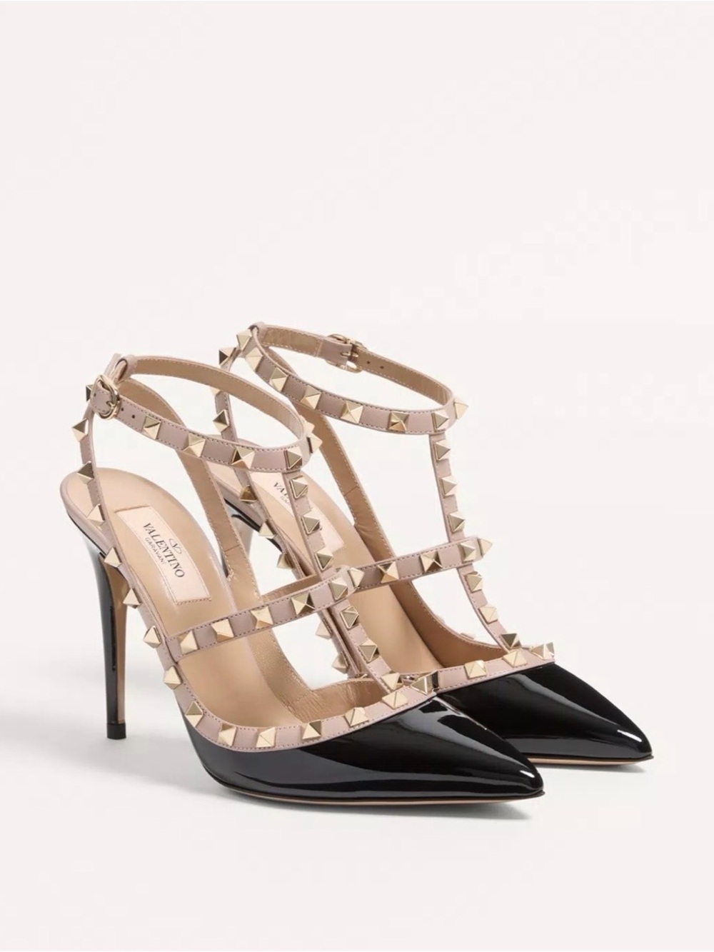 Valentino Garavani Black Patent & Nude Rockstud T-Strap Pumps